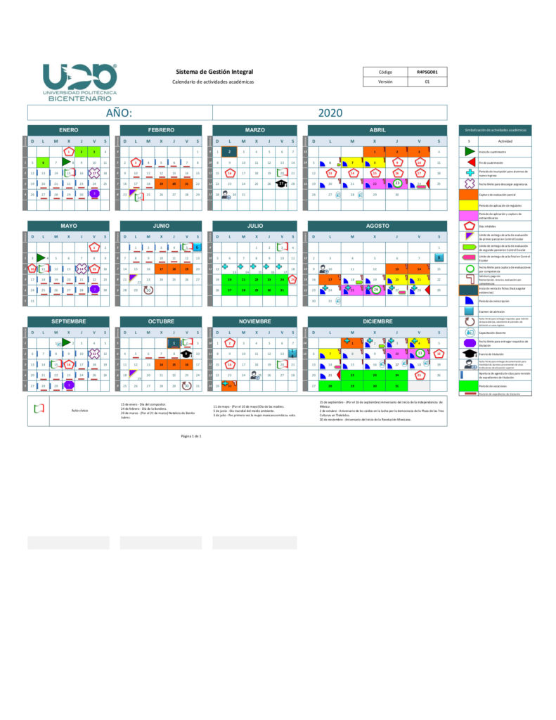 Calendario escolar Universidad Politécnica del Bicentenario